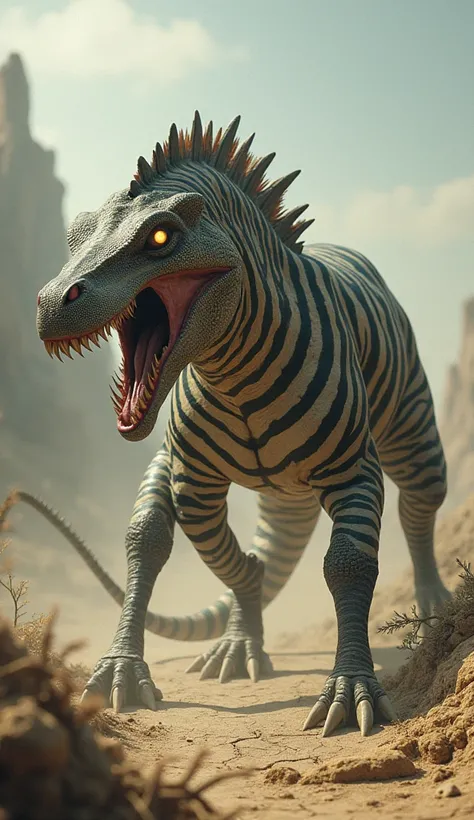 a deadly and furious hybrid creature  ,  that looks like a zebra and a giant lizard