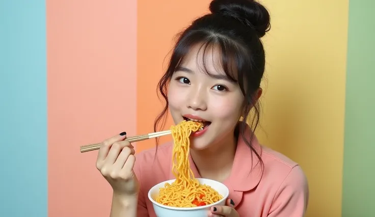 Young woman holding chopsticks and eating instant noodles, isolated against a colorful pastel background with a playful expression. Camera used: Canon EOS R6, with a 24-70mm f/2.8 lens. Settings: ISO 250, f/4.0, 1/200s. --ar 8:5
