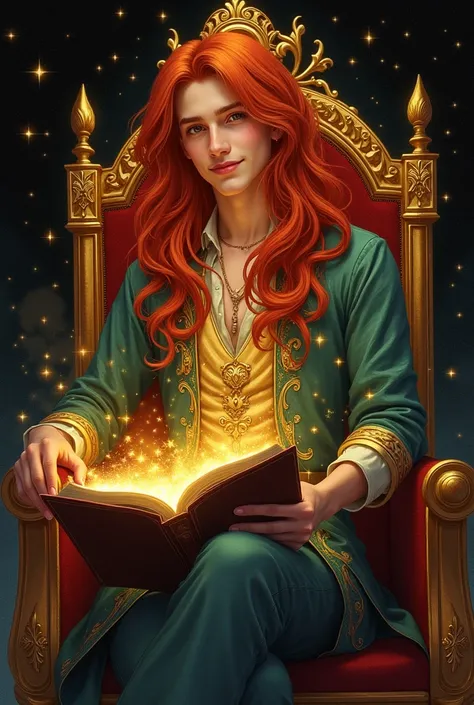 A (handsome 20 year old man)++ with (long red hair)+++, (golden eyes)+++, storyteller, wearing (starry clothes)+++, holding a book, surrounded by starry magic, Art Nouveau style, inspired by Alphonse Mucha, , intricate details, elegant and ornate, high det...