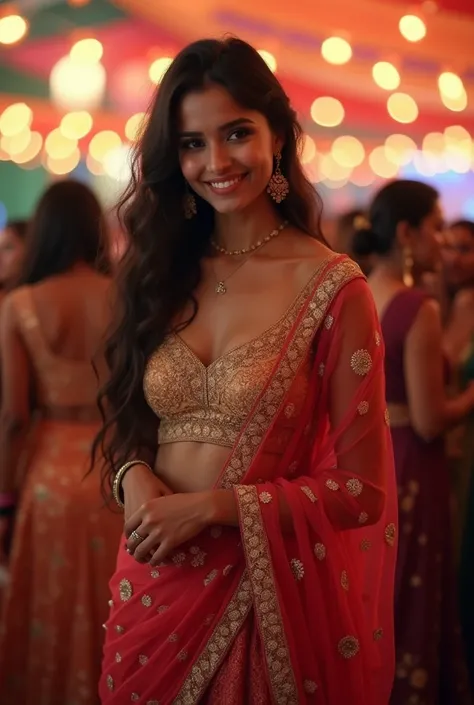 Create a indian girl wearing lehnga for party. Looking very simple and beautiful and charming in her lehnga.