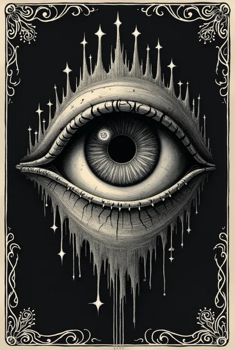 engraving, eye , fantastical surrealism by Joe Fenton, etching, 2D, thin black lines as text border with black space