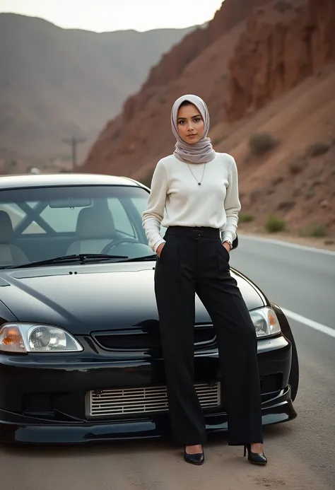 foto close up seorang wanita cantik berhijab berpakaian casual outfitt elegance,white sweater,black longbtrousser,flat shoes woman berdiri disamping mobil honda civic estillo warna biru metalik,wide body kitt, velg chrome model drift style, lowground ceper...