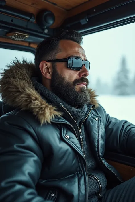 (((Big muscular Shepard in black glasses and in leather jacket, with fur collar))),  dog looking from window,  in big jeep chinese bad ass car  in Russian xmas ornament, riding on frozen sea, throttle engine  (((full frame))) (((mad max artstyle)))