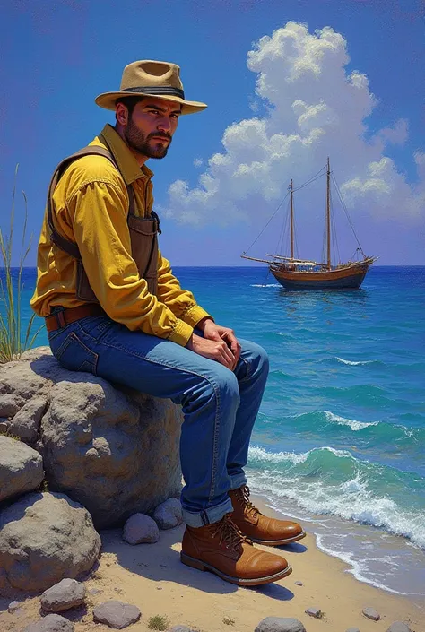  Create a Van Gogh-style art where you have a fisherman on a beach, sitting on a rock, This fisherman is brown , Young,  with a moustache and a thin goatee ,  he is sitting on a deck made of old rocks , thinking about life,  I want a lot of purple in the a...