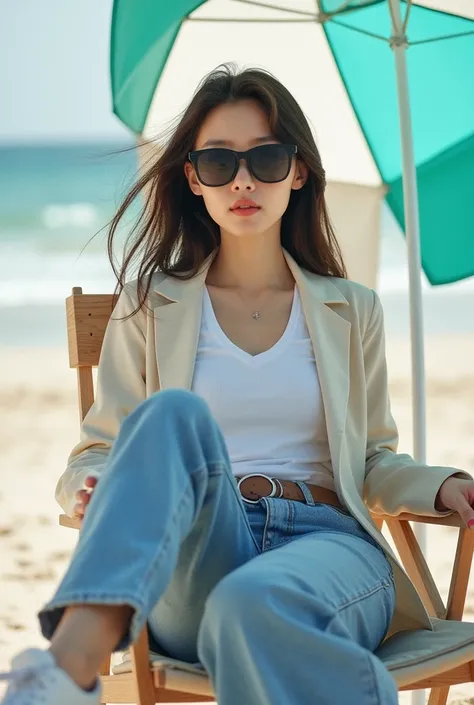 Korean beauty wearing white t-shirt jacket jeans black glass jeans sitting on beach chair under umbrella wearing sneaker