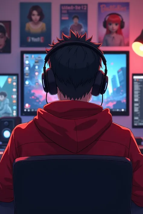 Create a anime boy who have a  mature looking like a man facing in frontand he is a  YouTube content creator, sitting in his studio with futuristic gadgets, and there is mic near him ,wearing red hoodie,and there is posters of YouTube 