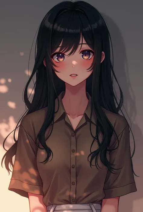 I want an anime girl with black and long hair wearing a brown shirt and a white skirt