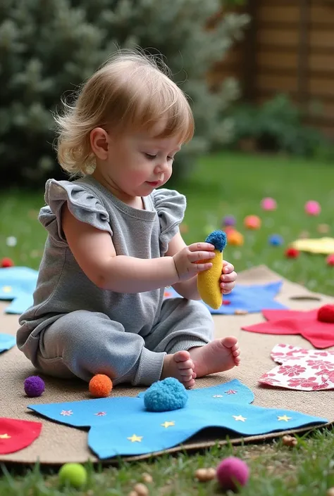 While preschool ren were making fabric wings, decorations and bird houses on the rugs in the school garden, they also brought materials (fabric paints, felt-tip pens, stamps, glitter, pom-poms, dry leaves, flowers, buttons, cardboard boxes, adhesives, twig...