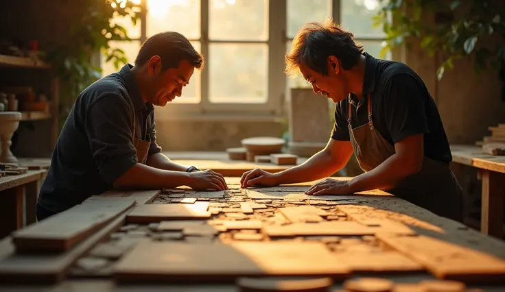 Depict Mr. Hòa guiding Nam in transforming the damaged wood into a decorative detail on the table. The scene focuses on their collaboration, with Mr. Hòa’s steady hands demonstrating the technique. Warm sunlight illuminates the workshop, symbolizing creati...