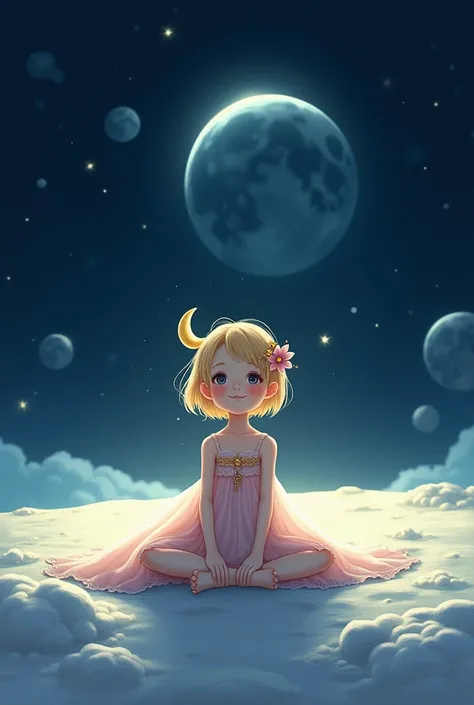 A cute girl seet on moon. 