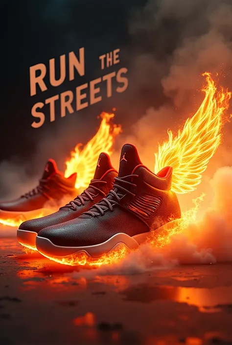 Flame Kicks:
 Basketball shoes with flaming wings, surrounded by smoke and phrases like  "Run the Streets" In bold fonts . 4k ful hd
