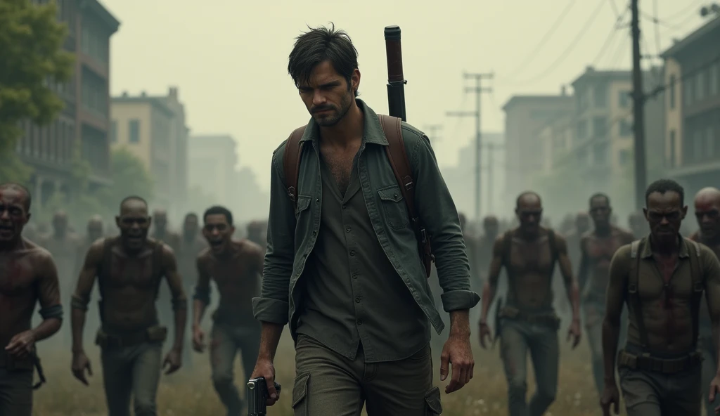 Pedro pascal in last of us movie standing and ready for action zombies ate in background. 