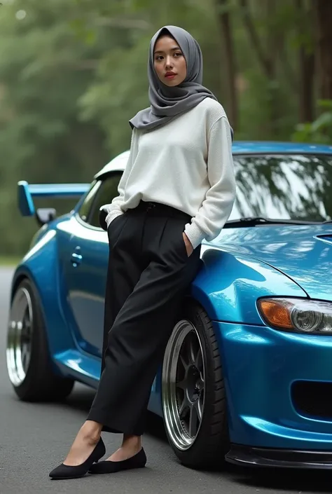  cinematic photo of a beautiful woman in hijab dressed in casual outfit elegance,white sweater,black longbtrousser , flat shoes woman standing next to family car Toyota Super Kijang 1 , 5 G th 1995 color blue metallic chrome ,WIDE BODY KIT ,  chrome alloy ...