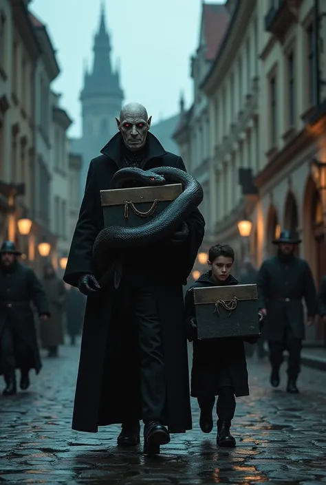 
Lord Voldemort moves to Prague with Naghini. Peter Pettigrew carries the boxes.