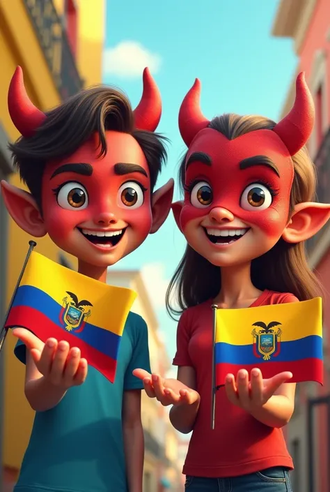 Two young people wearing devil masks holding out their hands flags of Ecuador,  cartoon  