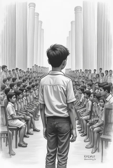 Create a pencil sketch (16:9 frame) of A 20 year old indian boy in a college annual function standing back watching the stage. His around full of students. All are wearing different colours of dresses. Focus only on boy. He is sad and earbuds on his ears. ...