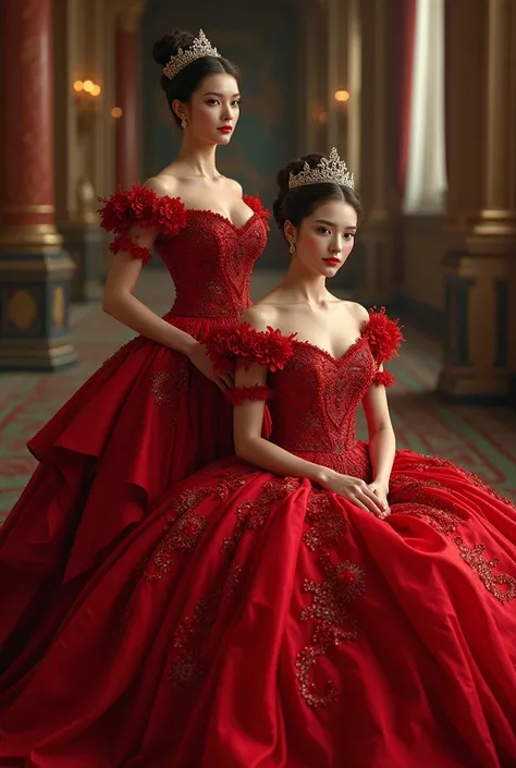 Make chest more visible dress should be red and the princess should be sitting and a queen with same outfit too make them look realistic 