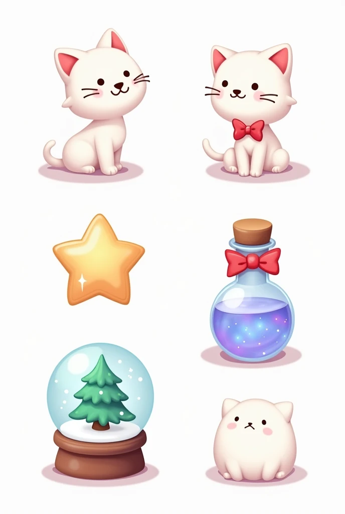 2D cartoony-style game assets, featuring a simple cat, a snow globe, and a magic potion. Each item is designed in a front view and isolated on a white background. The color palette uses soft pastel tones with festive details: the snow globe contains a smal...