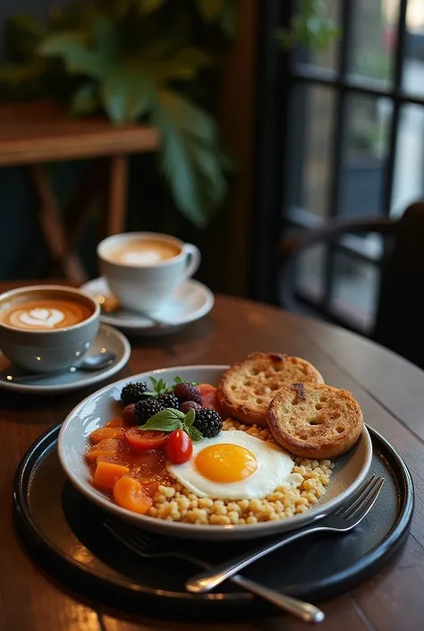  photo taken from above showing breakfast on the table , aesthetic,  in a coffee shop outside with a medium dark brown table, Featured colors black and highlighted Braco , itens aesthetic na mesa,  zoom photo 