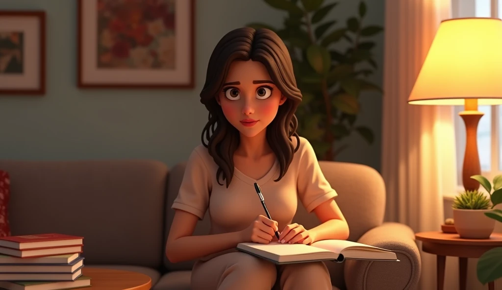  3d pixar style:  3d pixar style:  A beautiful attractive woman, in her late 30s
sitting in a cozy living room, journal in hand, writing down her thoughts with a look of determination. She wears comfortable loungewear, her posture upright and engaged. The ...