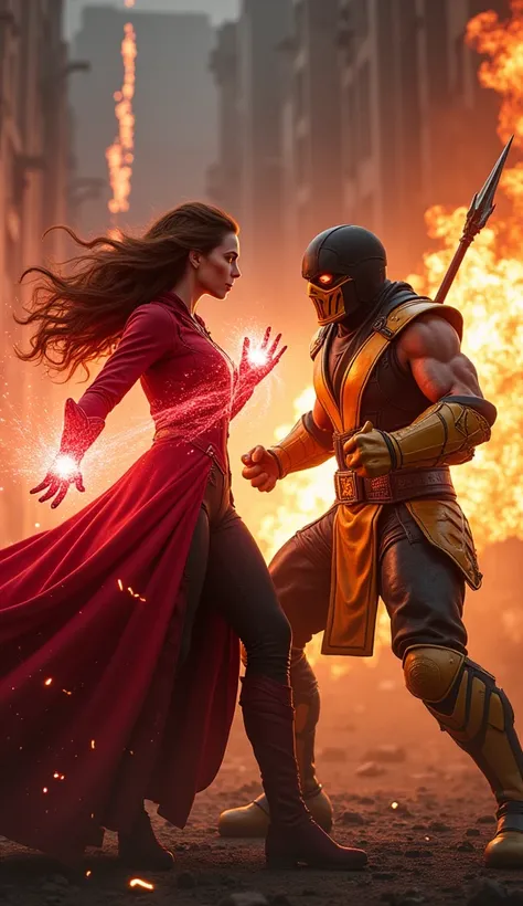 
An ultra-realistic, cinematic showdown featuring Scarlet Witch from Marvel and Scorpion from Mortal Kombat locked in an epic battle. Scarlet Witch commands the battlefield, her hands glowing with chaotic red energy as intricate magical runes swirl around ...