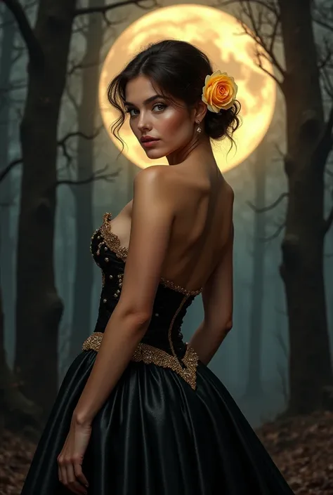  create a beautiful and sensual full-bodied woman ,  dressed in a beautiful black skirt with gold details , with a yellow rose behind her ear ,  with the background of the dark image represented the night trees and the moon