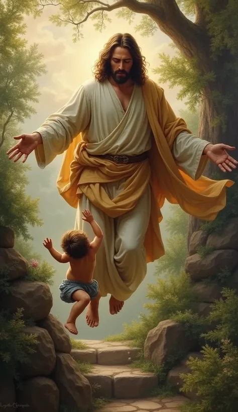 Jesus saving a toddler from falling 