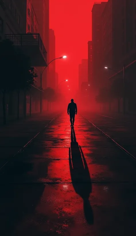 Shadow of a man walking away

Color palette: Red, black, and white.
Image concept: A shadow of a man walking away, elongated on a wet pavement. The background is dimly lit with faint reflections of streetlights, creating an atmosphere of solitude and urgen...