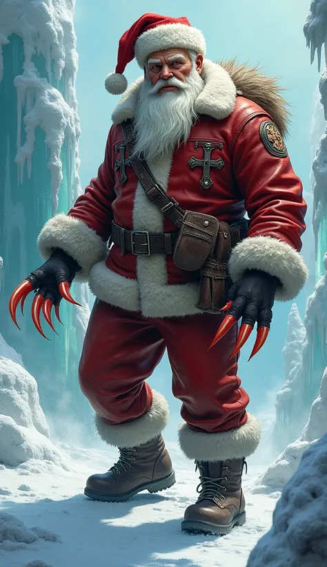 A rugged Santa in a red leather jacket and fur-lined boots. His claws are candy cane-striped, and he carves ice sculptures while delivering presents with gruff charm.