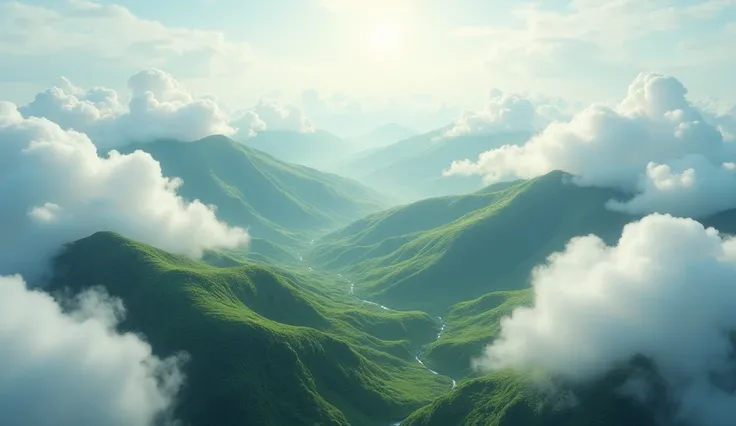 Create an aerial view seen among the clouds a hills