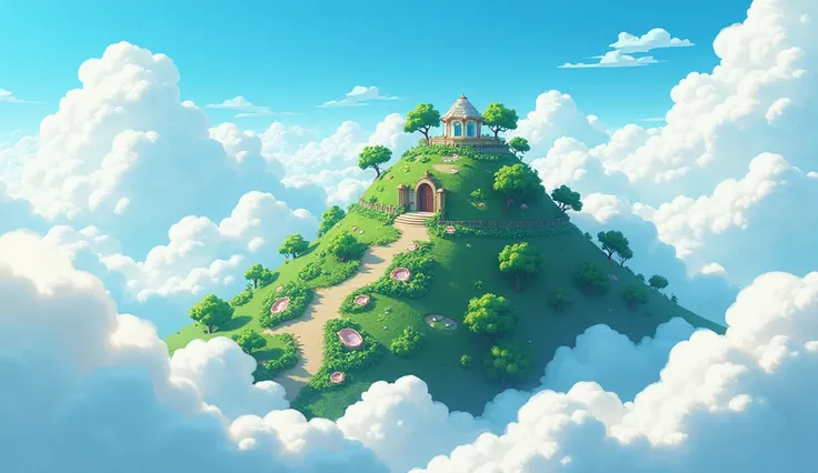  Create an aerial view seen among the clouds, an anime-style hill 