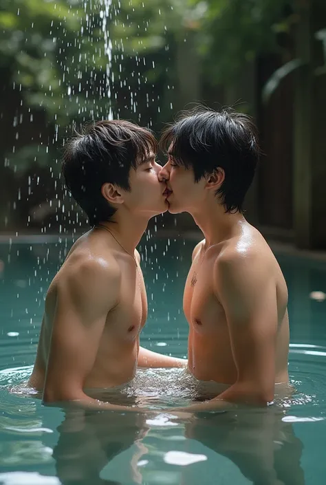 . Hot springs like Japan are natural.       and a real picture and two boys .         
 They take a shower together without clothes and kiss each other on the lips