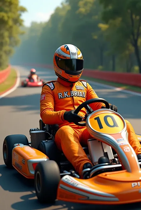 Karting orange color suit with realistic Name of 🇱🇰R.K.BRIAN in karting track near karting car