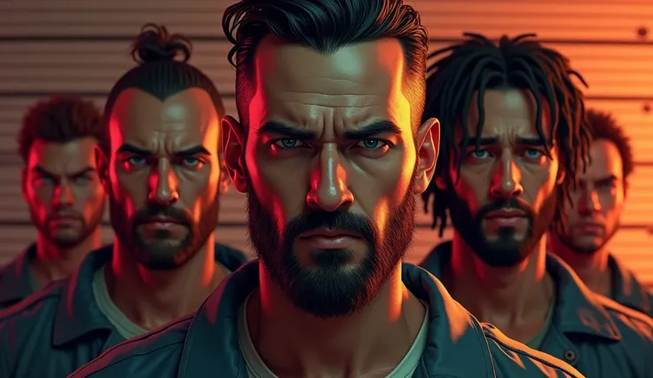 image comic styleA police lineup with captured gang members looking defeated, one glaring angrily at the camera as their mugshots are taken, high quality, realistic colors, street light in gold and red tones, intricate drawing, 8k, 3D photography,