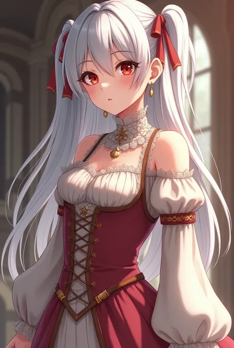 outfit with a French medieval theme. Make me a picture of an outfit that is suitable for an anime girl with white hair and red eyes, but dont be too fancy