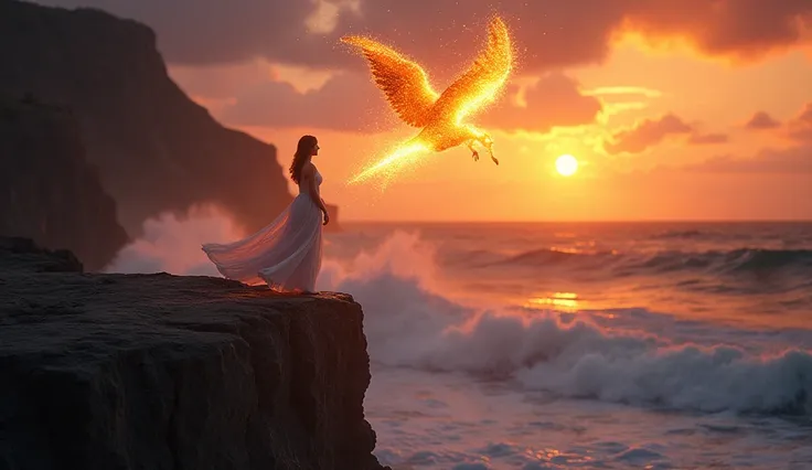 A dramatic cliffside at sunset, with waves crashing far below, their foam glowing in the fading light. A woman stands at the very edge, her back to the viewer, as she releases a glowing phoenix into the sky. The phoenix, made of radiant fire and light, soa...