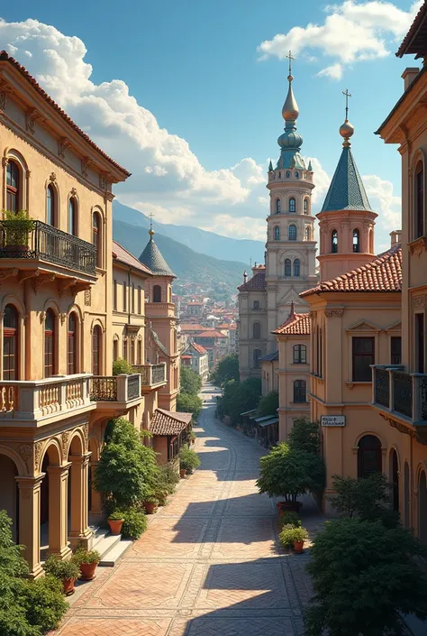 A captivating city emerges, fusing Rococo, Renaissance, Mediterranean, and Russian architectural styles into a unique and enchanting urban landscape. Ornate Rococo facades with delicate carvings and gilded accents grace the streets, complemented by grand R...