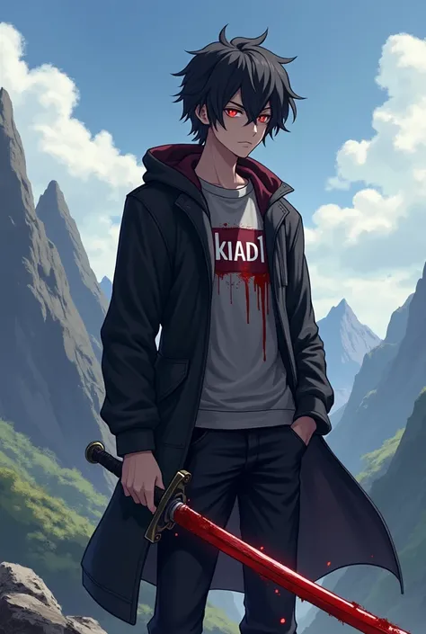 Anime guy 24 years old knows black haired with red eyes in his eyes there is a wound Wearing a black jacket standing on a mountain holding a sword covered in blood and on his shirt it says khal on his shirt that says KLD1