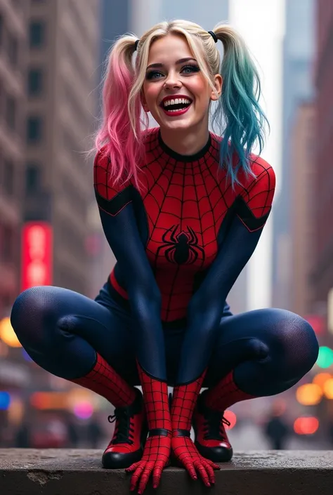 Spider-girl on the wall Extend your legs   , Create a super realistic look of a lush Harley Quinn . , Smile showing teeth , wearing a Spiderman costume , He&#39; as if you had come out of a movie scene ..  Her playful and mischievous expression contrasts w...