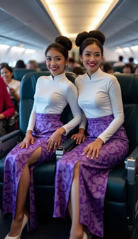 TWO (2) indonesian aunty,  hair in a bun  ,  wears a long sleeve tight shanghai shirt in white , and ((memakai rok panjang super ketat berwarna ungu motif batik and belahan rok di paha)),  big round buttocks protruding backwards , red lips, smiling face lo...