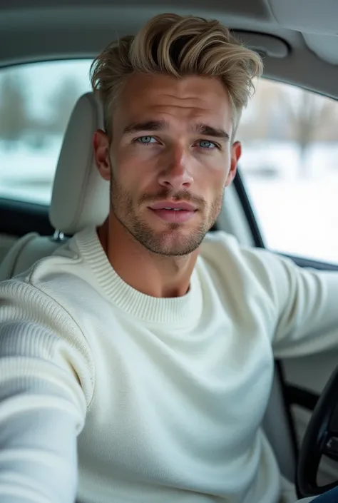  Man 21 years old, theo james,  very tall and strong ,  Broad shoulders, strong physical bearing ,  super light blonde hair classic hair , short beard,  square face , white light skin,  Blue Eyes,  strong and muscular , dynamic pose style, Relaxed,  wearin...