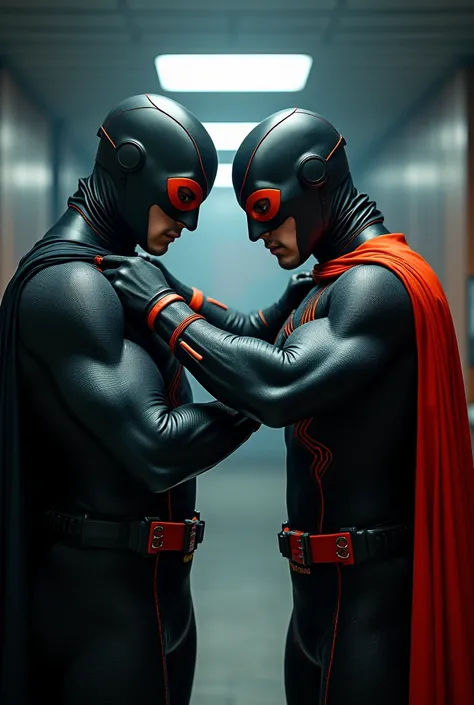 Two men are helping each other put on superhero costumes