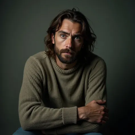  studio portrait ,  35 year old man ,  knitted sweater ,  worn jeans ,  long hair slightly disheveled ,  professional musicians tired look .  80s Soviet photography style ,  muted colors , --with 3:4 --style raw