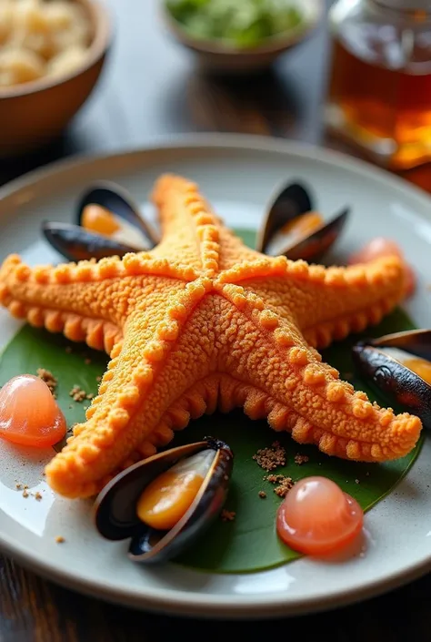 Draw a picture of a fried starfish menu, put mussels and jellyfish in a plate.