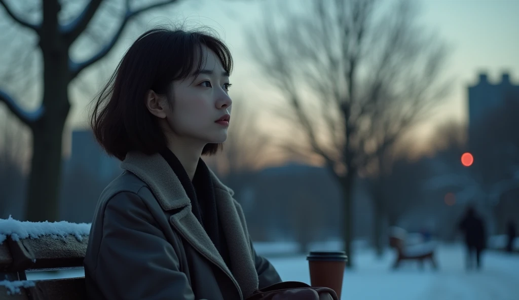 scene: "Oh ~  everything that was just like "

background:
 An urban park with winter twilight .  The trees have only nice branches left, and ,  the floor is covered with thin snow .  A small leather bag placed next to her and a coffee tumbler placed on th...