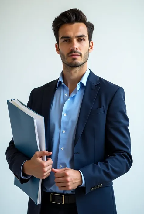 A male model, black short hair, wearing blue shirt and suit, Holding the report file, look at viewers, smirk face, white background, masculine, profesional photoshoot