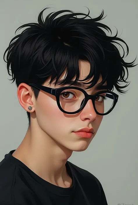 Teenager boy, black hair, black glasses that covers brown eyes, and a piercing in the right ear.