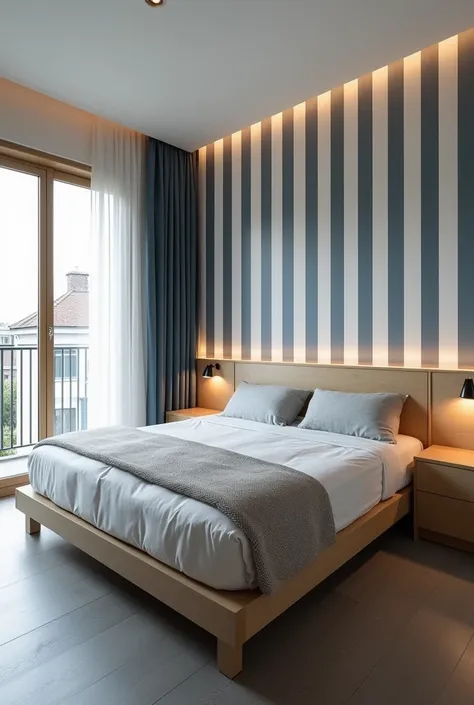 Bedroom photo. long ,  but not wide .  Not very big . the floor is gray laminate.  Vertical blue-and-white striped wallpaper .  There is only one balcony .  The exit to it is a light wood glass door .  You need to place a light-colored wooden bed there. Do...