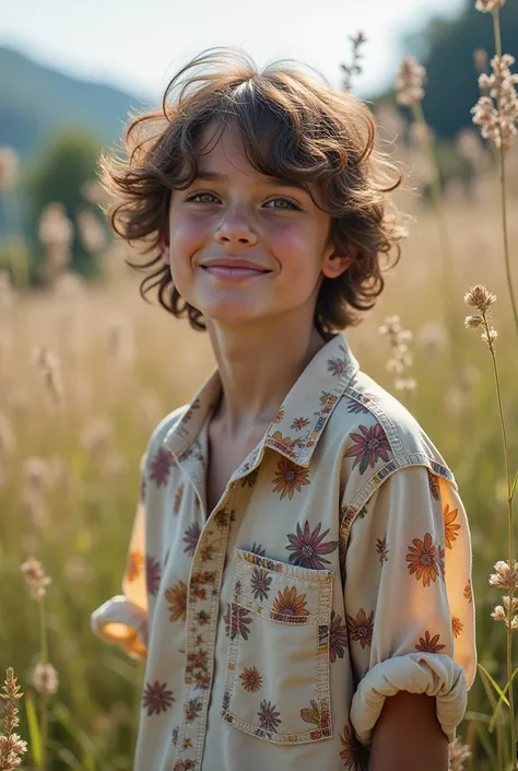 A Cute Teenage Boy, natural setting with elements like wildflowers, soft earthy tones, and a sun-kissed meadow. This background is perfect for ethereal, free-spirited fashion items, emphasizing flowy fabrics and vibrant patterns