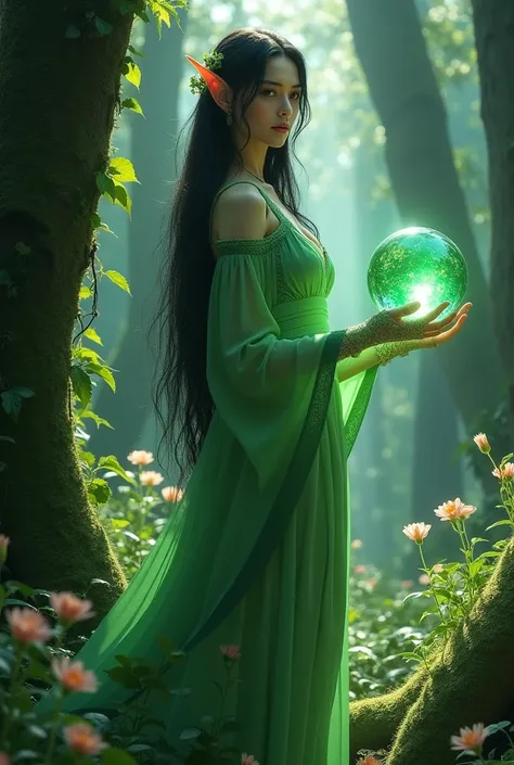 
" A tall y Ethereal half-elf is gracefully found in the middle of an enchanted forest .  Her skin is pale ,  their black hair falls like silk up to the waist ,  and her green eyes shine like emeralds under the moonlight .  Eowen wears a fluid and delicate...